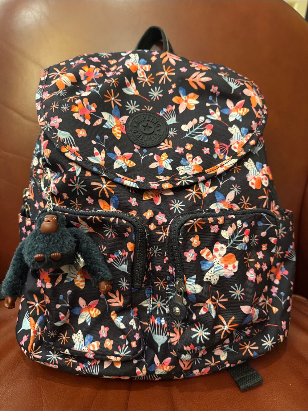 Kipling Black Floral Backpack with Monkey Charm